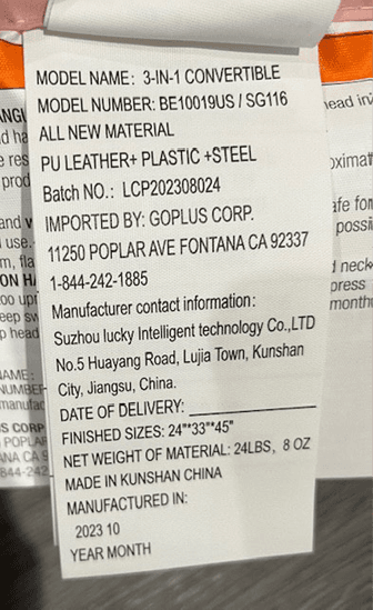 Sewn-in Label with Model Number and Date of Manufacture