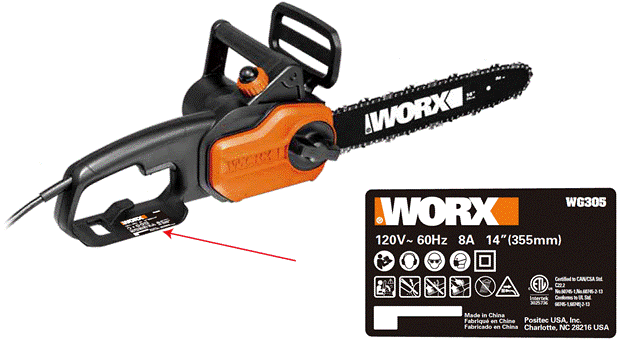 Recalled Worx 8 Amp 14" Electric Chainsaw with location of Item No. and Serial No.