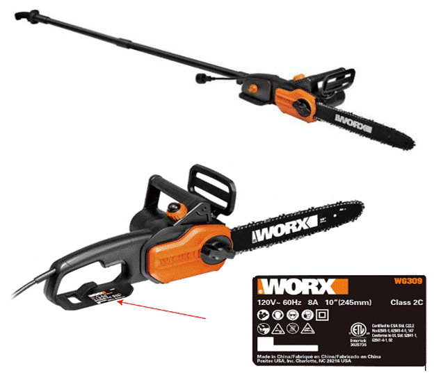 Recalled Worx 8 Amp Electric Pole Saw with location of Item No. and Serial No.