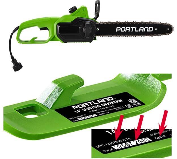 Recalled Portland 9 Amp 14" Chainsaw with location of UPC, Serial No. and SKU