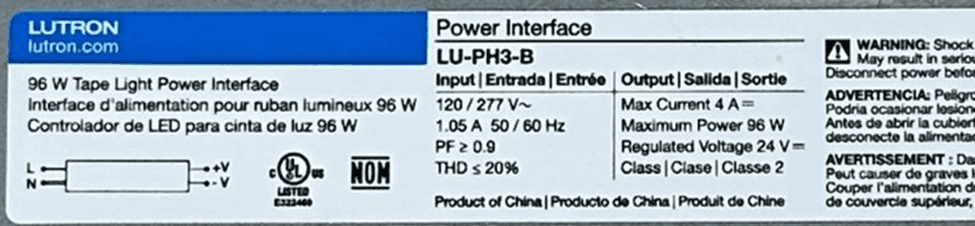 Close up of product label on recalled Lutron Power Interface
