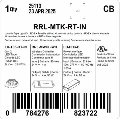 RadioRA 3 LED tape light starter kit package label lists the recalled power interface
