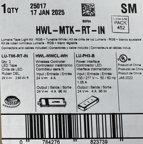 HomeWorks LED tape light starter kit package label lists the recalled power interface