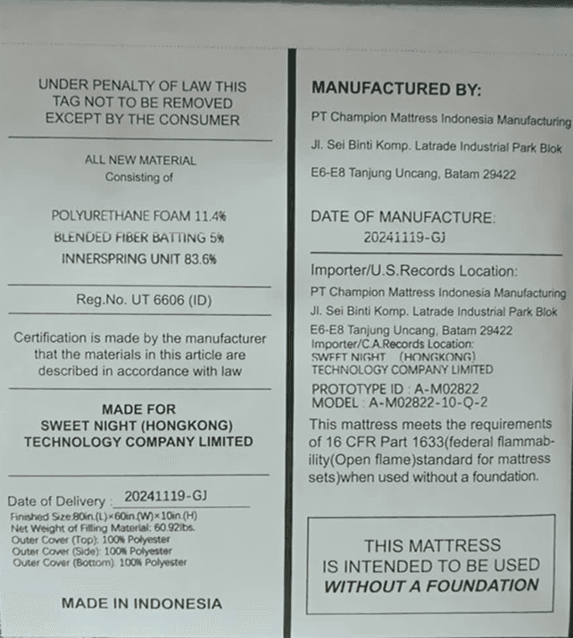 Labeling on the side seam of Mattress