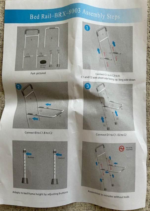 Recalled WeHwupe Adult Portable Bed Rails Model BRX-8003 Assembly Instructions
