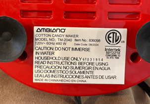Recalled Ambiano Cotton Candy Maker – Rating Label