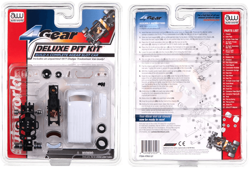 Recalled Auto World 4 Gear Deluxe Pit Kit with 1977 Dodge Tradesman Van, Item# TRX 127, UPC Code: 8-49398-07059-8, Date Code: 01/15/24 CH1