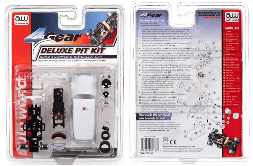 Recalled Auto World 4 Gear Deluxe Pit Kit with 1959 Cadillac Ambulance Body, Item# TRX 115, UPC Code: 8-49398-06565-5, Date Code: 06/15/23CH1