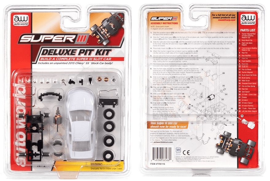 Recalled Auto World Super III Deluxe Pit Kit with 2015 Chevy SS Stock Car Body, Item# TRX 116, UPC Code: 8-49398-06566-2, Date Code: 06/15/23CH1