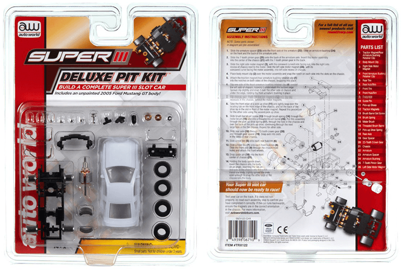 Recalled Auto World Super III Deluxe Pit Kit with 2005 Mustang GT, Item# TRX 122, UPC Code: 8-49398-06710-9, Date Code: 08/31/23CH1