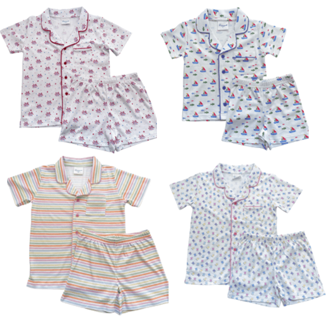 Recalled Blossom Short Sleeve Button Up Short Set – Fireworks, Sailboats, Stripes, Tulip