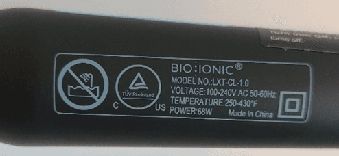 Rating label on recalled hair curling iron