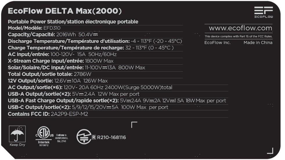 Nameplate on underside of recalled EcoFlow Delta Max 2000 Model EFD310 Power Station