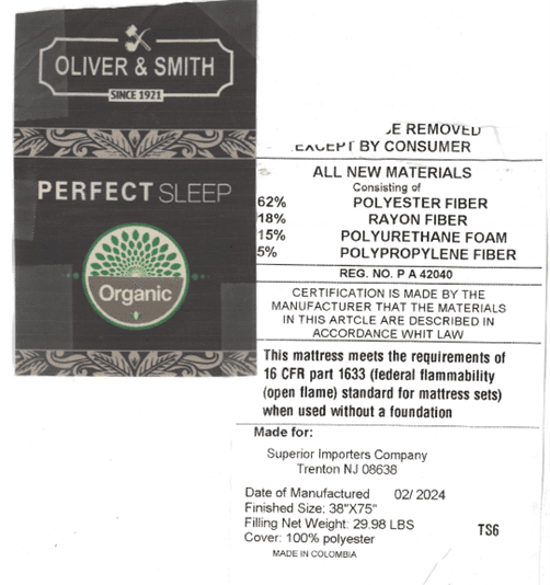 Recalled Oliver & Smith 6-inch Mattress side seam labels