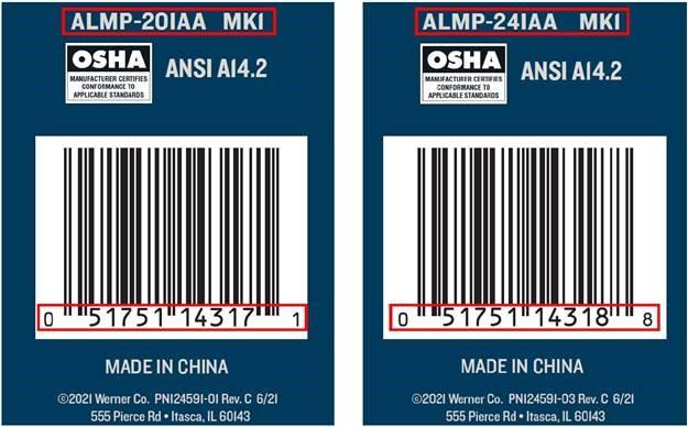 Recalled Werner 20’ and 24’ Multi-Max Pro Multi-Purpose Ladder label