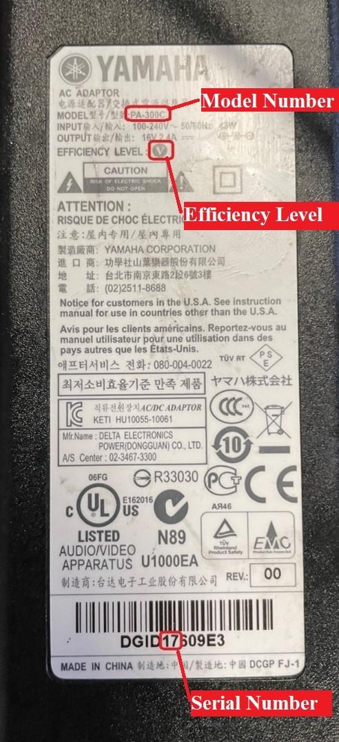 Recalled AC Adaptor rating label